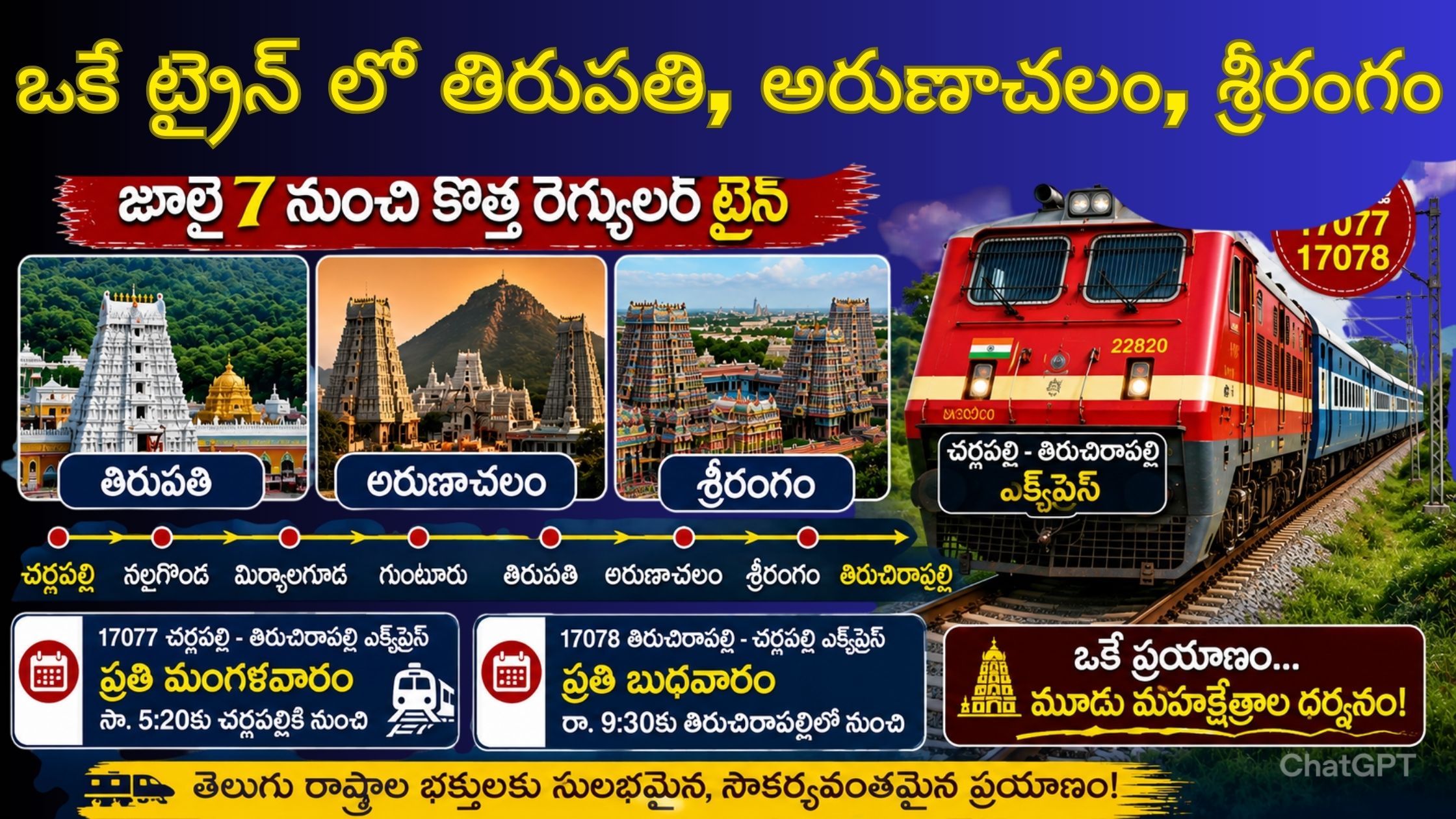 Tirupati, Arunachalam, and Srirangam can be visited in a single train.. Railways good news for Telugu passengers!