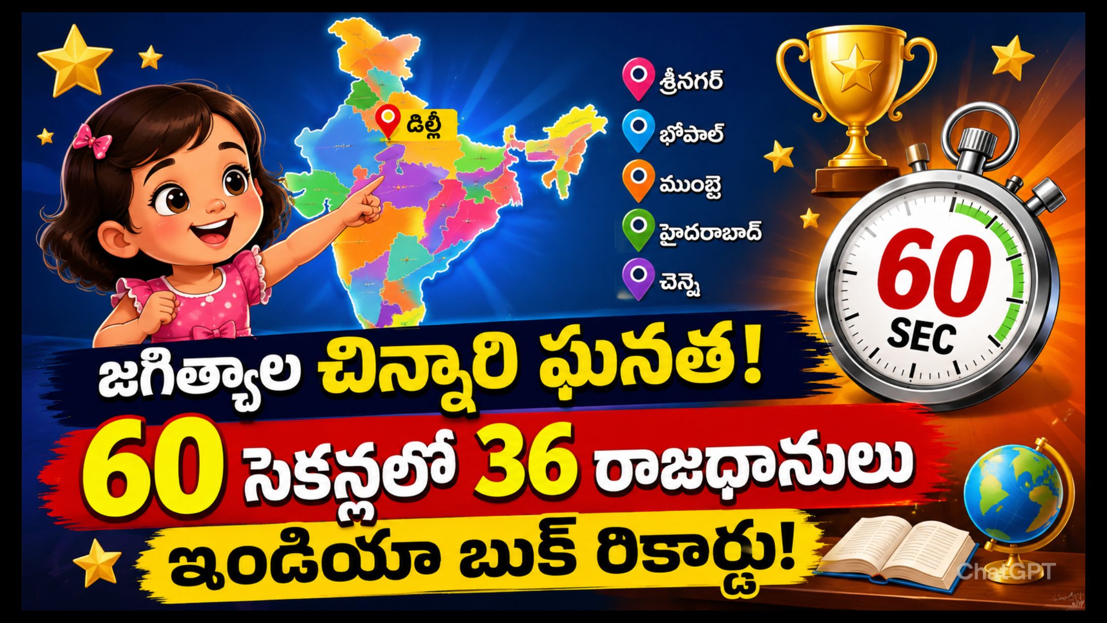 Jagityala Chinnari achieves rare feat: Reciting the capitals of 28 states and 8 union territories in 60 seconds, making it to the India Book of Records!